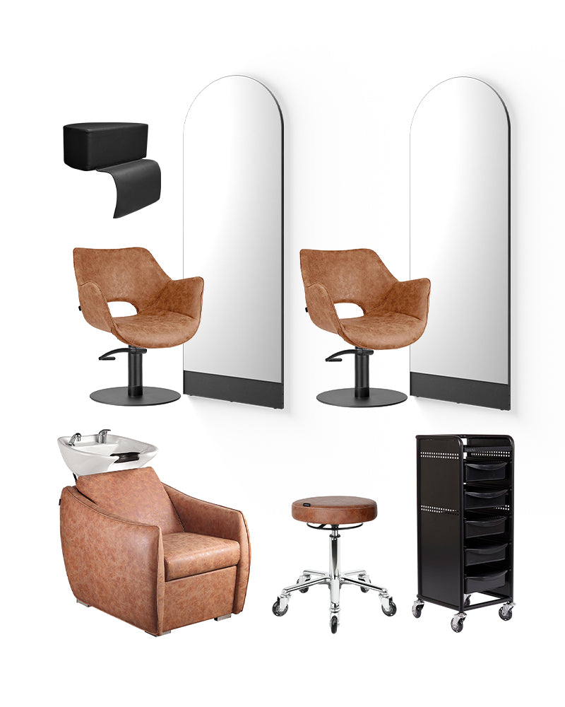 Tan sort frisør startpakke - med 2 kundepladser, 1 vaskeplads og udstyr